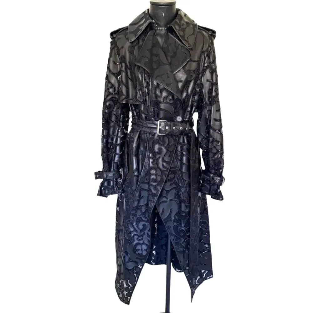 Alexander McQueen Black Leather Lace Belted Trench Coat Made in Italy 14 - Picture 2 of 16